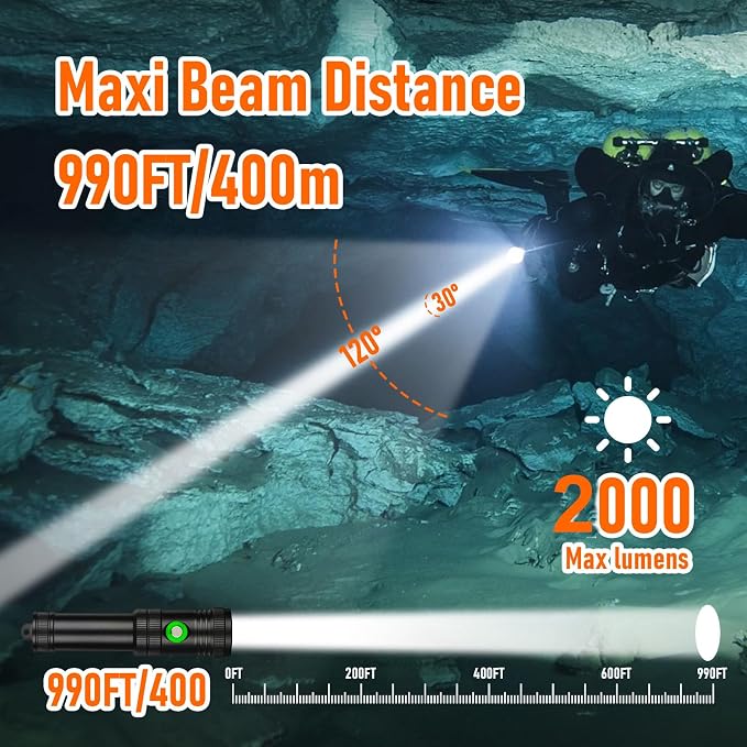 2000 Lumens Scuba Dive Light – Super Bright Diving Flashlight with 4 Modes, IP68 Waterproof USB Rechargeable Battery Underwater Torch for Scuba Diving, Snorkeling, and Underwater Exploration
