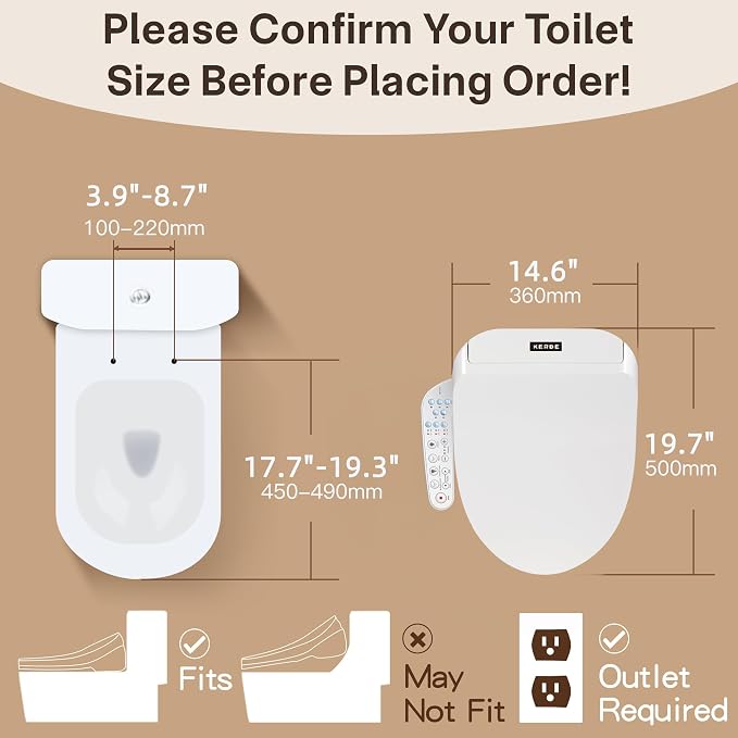 KERDE P30B Bidet Toilet Seat - Dual Control (Side Panel & Remote), Warm Water Wash, Heated Seat, Warm Air Dryer, LED Night Light,Existing Toilets Electric Bidet Elongated Electronic Heated Smart