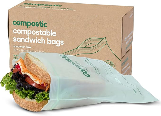 Compostic Compostable Sandwich Bags (100 Count) Everyday Essential — Resealable Zip-Seal, Plant-Based, Home Compostable, Freezer & Microwave Safe, BPA-Free, Non-Toxic, GMO-Free Food Storage Bags