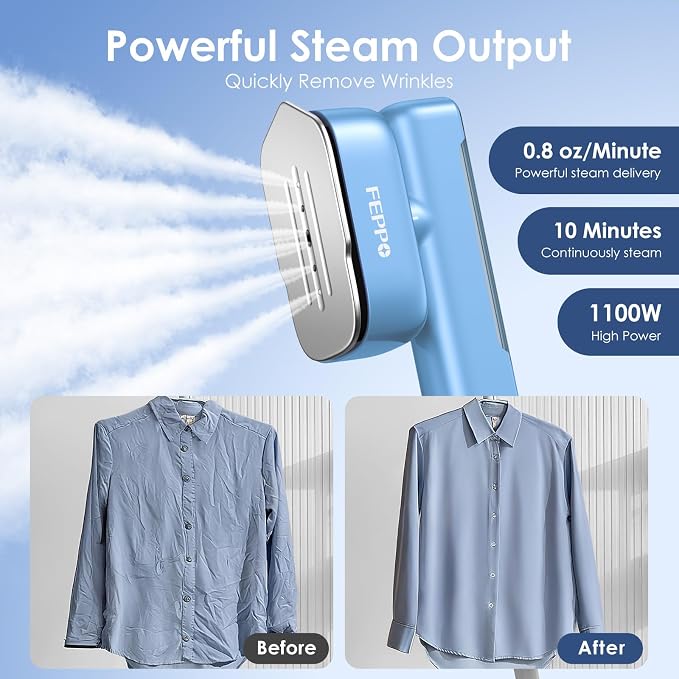 FEPPO Travel Steamer for Clothes, 110-240V Dual Voltage Portable Steamer & Iron 2 in 1, Fast Heat Up, 1100W Powerful Garment Steamer, Large Ceramic Heat Panel for Home & Global Traveling