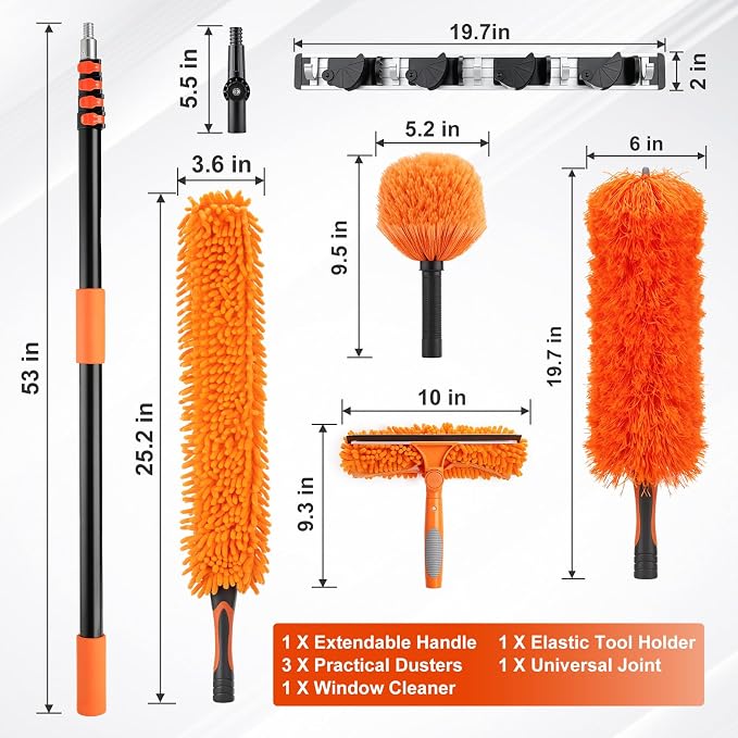 25 Foot High Ceiling Fan Duster Kit with 4.5-18ft Heavy Duty Extension Pole, Microfiber Feather Duster, Cobweb Duster, Ceiling Fan Duster and Window Squeegee, Long Dusters for Cleaning