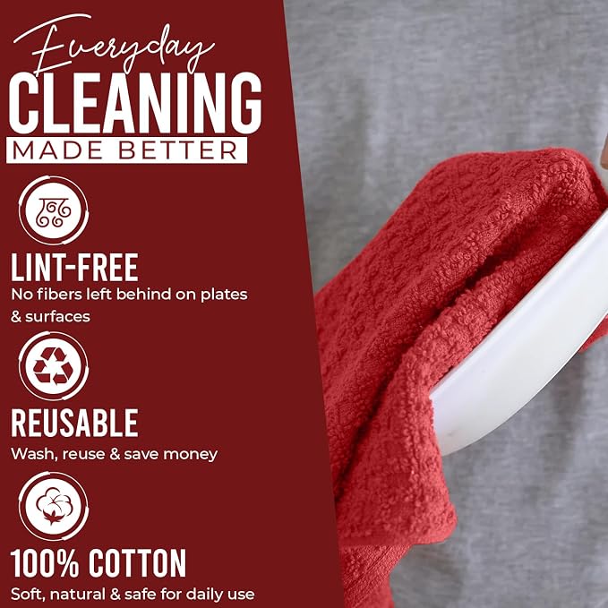 DAN RIVER Premium Red Kitchen Towels - [Pack of 6] 100% Cotton (16x 26 Inches) -Super Soft, Highly Absorbent Hand Towels, Quick Dry, Dish Towels, Tea and Bar Towels Set