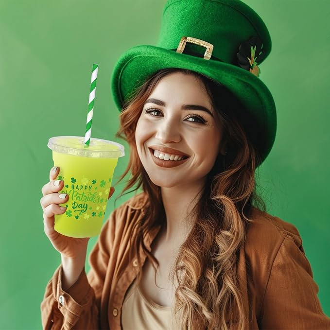 JarThenaAMCS 50Pcs St. Patrick's Day Plastic Cups with Lids and Straws 12oz Disposable Shamrock Drinking Cups Green Lucky Clover Cold Beverage Cups for Irish Holiday Beer Party Supplies