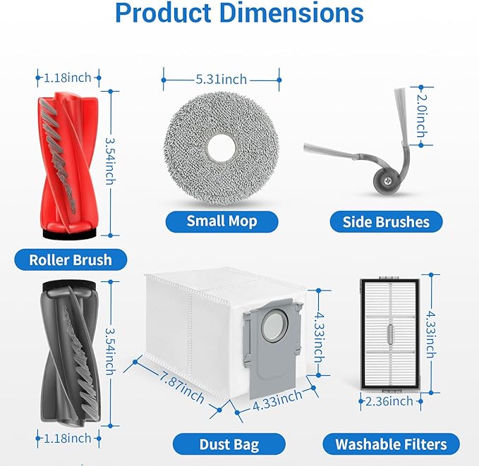 26Pcs Accessories Replacement Parts for Roborock Saros 20, Saros 10R, Qrevo CurvX Robot Vacuum Kit, 2 Main Brush 4 Hepa Filter 6 Mop Pads 6 Side Brush 6 Dust Bags 1 Screwdriver 1 Clean Tool