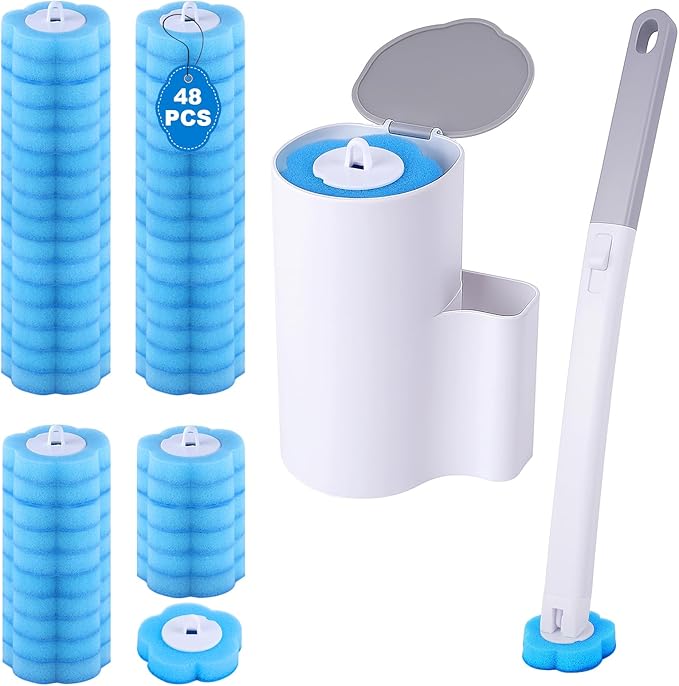 wlich Disposable Toilet Brush with 48 Refills, Bowl Toilet Brush with Wall Mounted Holder, Toilet Bowl Brush Set with Wand and Storage Box for Bathroom Cleaning