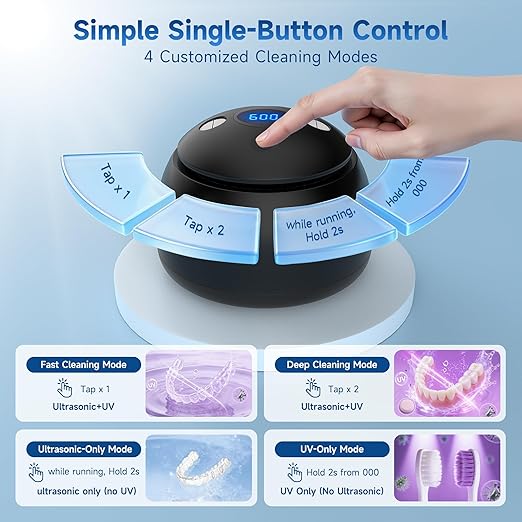 Ultrasonic Retainer Cleaner Machine, 45kHz Denture Dome with UV Light,Dental Cleaning POD for Aligners, Mouth Guards, Night Guards, Toothbrush,Jewelry,200ML Capacity (Black)