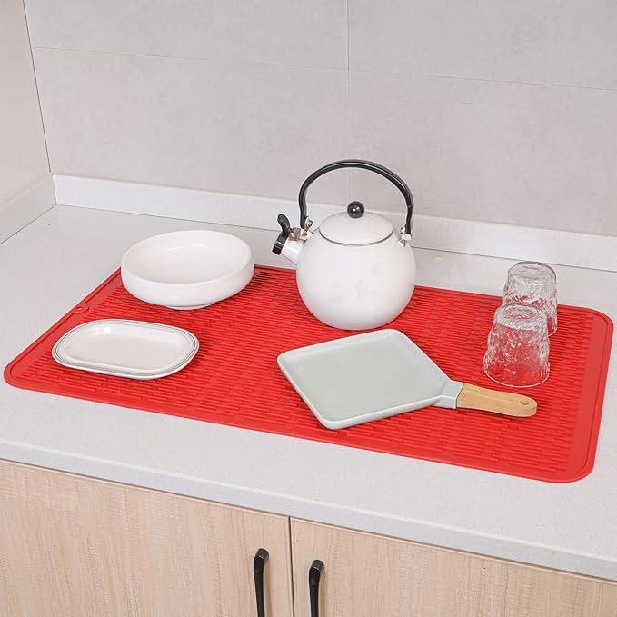 MicoYang Silicone Dish Drying Mat for Multiple Usage,Easy clean,Eco-friendly,Heat-resistant Silicone Mat for Kitchen Counter or Sink,Refrigerator or Drawer Liner Red 4XL 32 inches x 18 inches