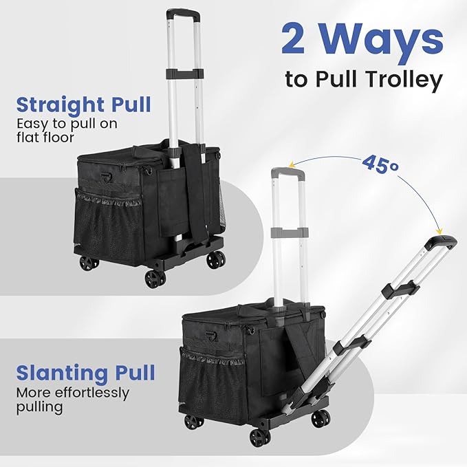Housolution Extra Large Rolling Cleaning Caddy Bag with Detachable Trolley, Upgraded 360° Free Rotating with 5 Wheels and Dust-Proof Lid, Professional Cleaning Supplies Bag for Housekeepers, Black