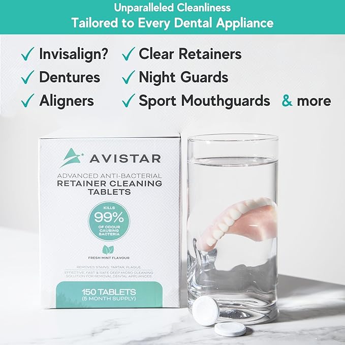 Avistar Extra Strong Denture Adhesive Cream (3 Pack, 4.2 Fl Oz) and Retainer Cleaning Tablets (300 Mint Flavor, 10 Months Supply)