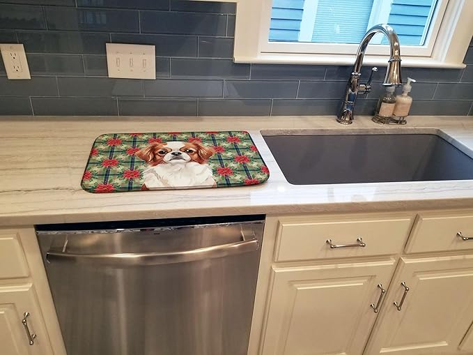 Caroline's Treasures Red and White Japanese Chin Christmas PoinsettIas Dish Drying Mat Absorbent Dish Drying Mat Pad for Kitchen Counter Dish Drainer Mat for Countertop, 14 x 21", Multicolor