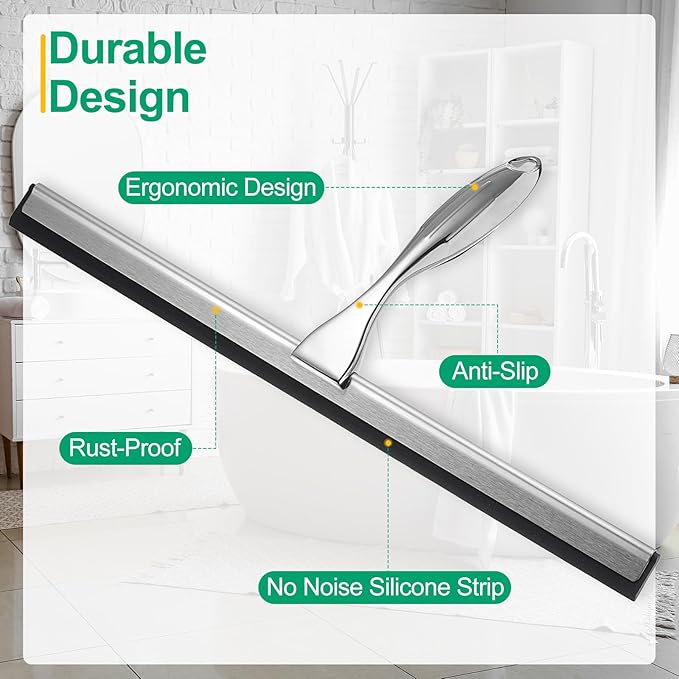 uxcell 14 Inch Shower Squeegee for Glass Doors, Stainless Steel All-Purpose Bath Squeegee with Hooks Holder Square Sticky Hook for Bathroom Window Mirror Car Glass, Silver