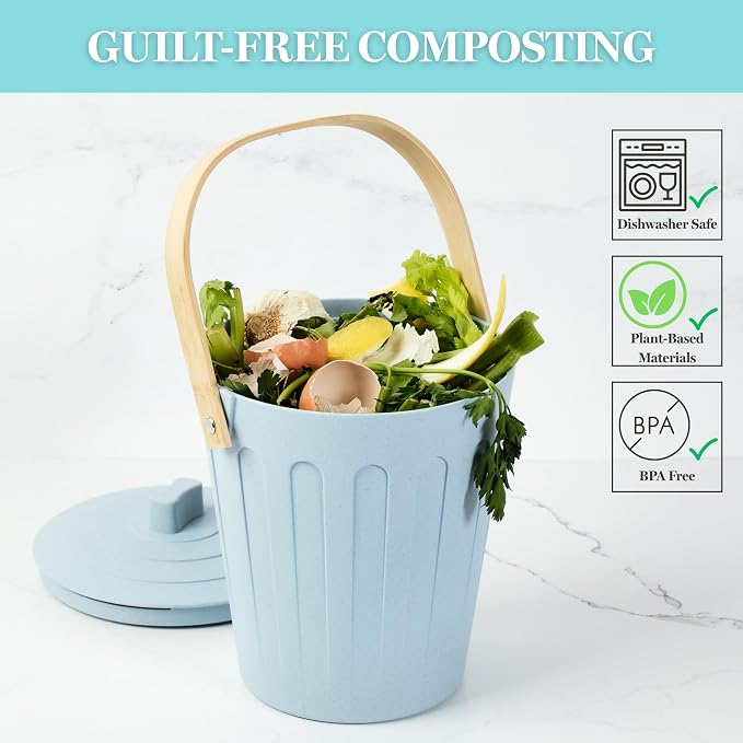Martha Stewart Indoor Compost Bin Starter Bundle | Countertop Composting Bucket for Kitchen | .7 Gallon Capacity | Includes 6 Filters and Silicone Liner Bag | Plant Based Materials | Charcoal Black
