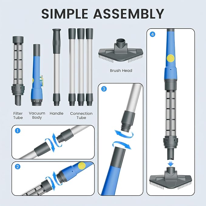 Hot Tub Vacuum - Cordless Pool Vacuum for Above Ground Pool Rechargeable Stick for Fast Sand & Debris Removal in All Pool Types, Spas & Hot Tubs (Ocean Blue)