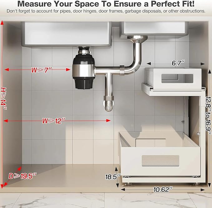 2 Pack 18.5IN-Depth Under Sink Organizer With Next-Gen Ball-Bearing Slides,2-Tier Pull Out Cabinet Storage,Height Adjustable Drawer Shelf for Bathroom,Kitchen,Laundry,Cabinet,Pantry-White