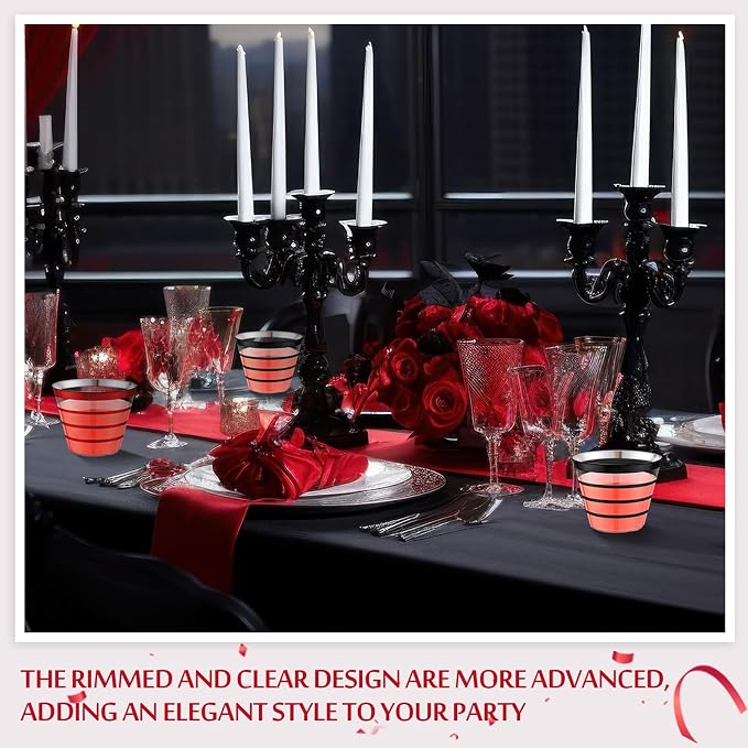 Gejoy 9 oz 100pcs Casino Party Cup Rimmed Stripe Plastic Cups Bulk Disposable Wine Hard Plastic Drinking Cocktail Cups Tumblers for Wedding Gathering Party Supplies(Black, Red)