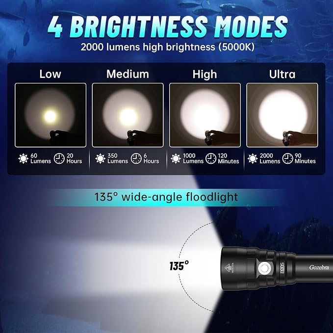 D20S Scuba Diving Light, 2000 Lumens Waterproof Underwater Lights, IPX8 Scuba Diving Flashlight,984ft Long Range Underwater Flashlight for Diving Snorkeling Deep Sea Cave with Charger