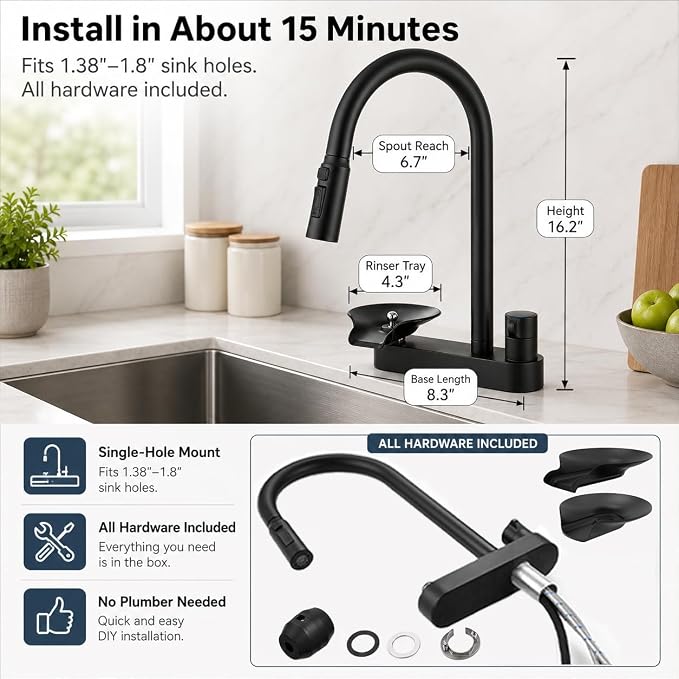 Kitchen Faucet with Pull Down Sprayer & Cup Washer, Glass Rinser Faucet for Kitchen Sink, Lead-Free Brass Waterway, 3 Spray Modes Single Handle, Single Hole for Sink Farmhouse RV Bar Black