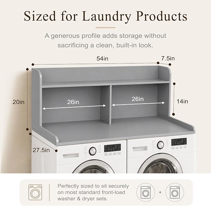 Royxen Laundry Countertop with 20“ Shelf Universal Fit, Washer and Dryer Countertop with Storage Space, Gray