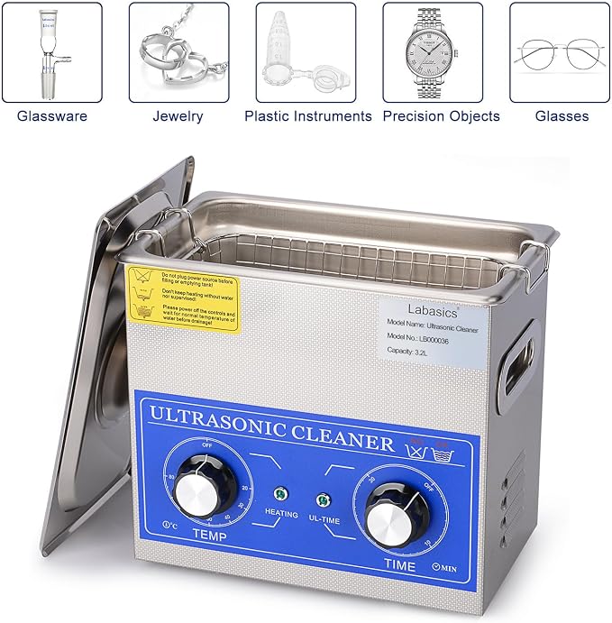 Labasics Ultrasonic Cleaning Machine, 304 Stainless Steel All-purpose Ultrasonic Washing Device with Mechanic Control Panel of Heating and Timer for Laboratory 40kHz 110V, 3.2L