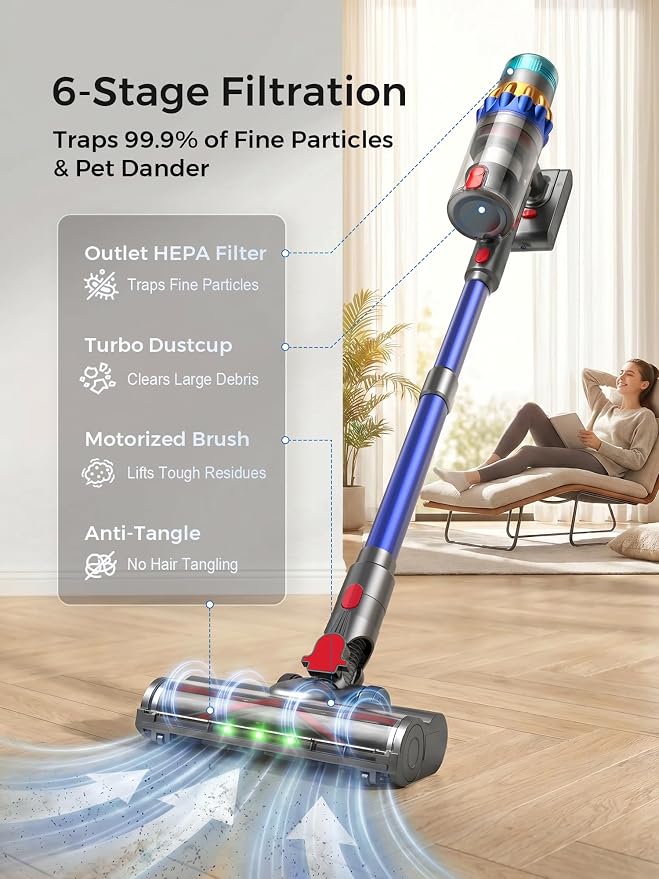 Smart Cordless Vacuum Cleaner, 650W 60KPa Stick Vacuum with Auto Suction Adjustment, 75 Min Long Runtime Rechargeable Handheld Vacuum for Home Pet Hair, Hardwood Floor Carpet