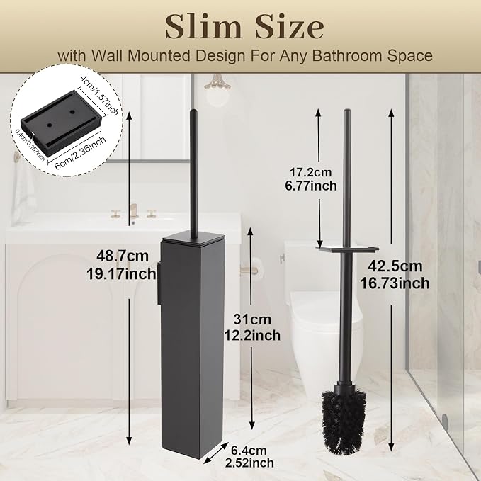 Toilet Brush and Holder Wall Mounted, Gun Gray Aluminum with 2 Replaceable Heads, Bathroom Toilet Brush, Drill or 3M Adhesive Mount, Removable Liner and Splash Guard, Modern Square Design