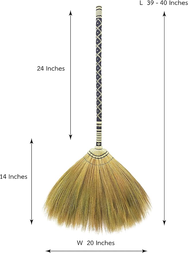 Natural Grass Broom Indoor Outdoor, Vintage Retro Embroidered Woven Nylon,Handmade Broom,Housewarming Gift Witch,Bamboo Stick Handle(Black)