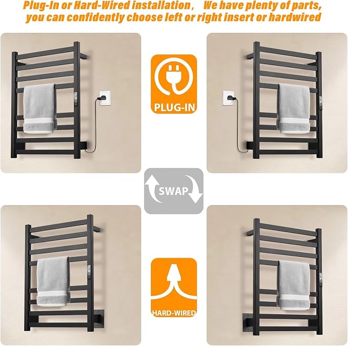 Towel Warmer Matte Black Heated Towel Rack for Bathroom Wall Mounted Electric Towel Dryer Rack with Temperature Control and 24 Timer Plug-in/Hardwired