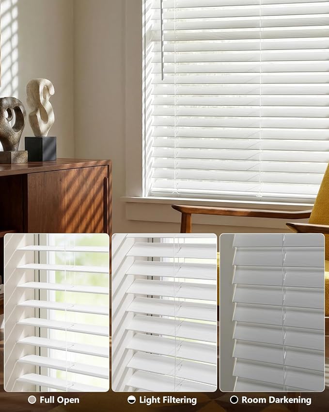 LazBlinds Cordless Faux Wood Blinds with Crown Valance, Room Darkening & Light Control, 2 Inch Horizontal Window Blinds, Blinds for Indoor Windows - 28" W x 72" H, White