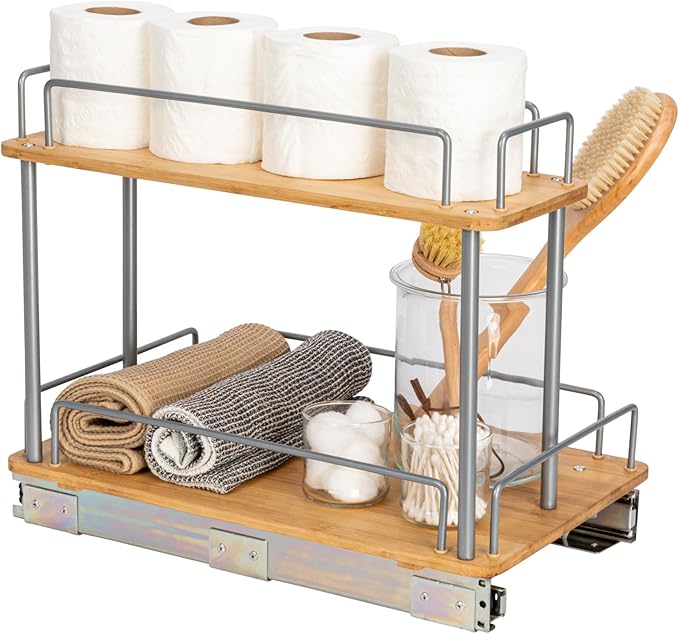 Household Essentials Glidez Steel and Bamboo Pull-Out/Slide-Out Storage Organizer for Under Sink or Cabinet Use - 2 -Tier Design - Fits Standard Size Cabinet or Shelf, Brushed Silver and Natural