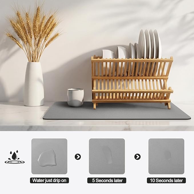 Ecotrim - Dish Drying Mat for Kitchen Counter | Coffee Bar Mat for Countertops | Heat Resistant Drainer Mat with Non-slip Rubber Backed | Hide Stain Kitchen Absorbent Draining Mat | Grey 18"x32"