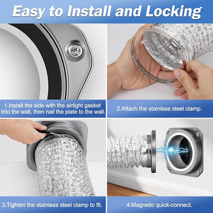 DVC-180 Magnetic Dryer Vent Connector Kit, 4 Inch Quick Connect Dryer Hose Coupling with 3.3ft Flexible Duct & 2 Clamps - Strong Airtight Seal for Easy Cleaning, Dark Silver