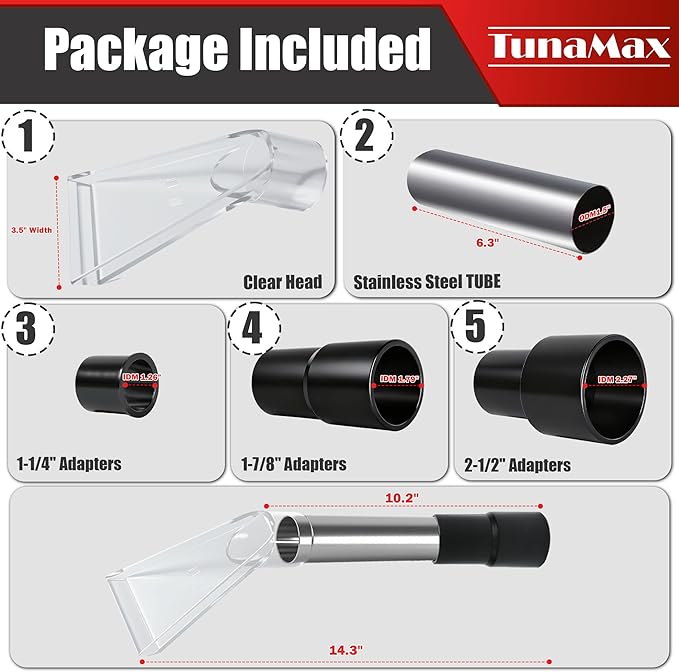 TunaMax Universal Work with All Shop Vacs with 2-1/2" & 1-7/8" & 1-1/4" Three Adapters Clear Extractor Attachment for Carpet Cleaning & Auto Detailing, Extraction Accessory for Wet Vacuum Cleaners