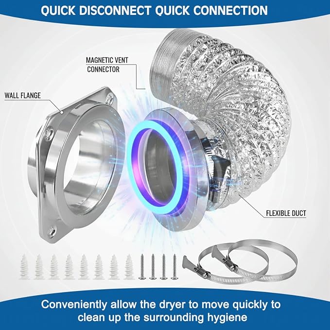 Magnetic Dryer Vent Coupling DV-180 Airtight Seal Dryer Vent Connector Kit Easy to Clean magnetic dryer vent connector kit, Quick Connector Including a 2.6ft 4" Duct and two Clamps