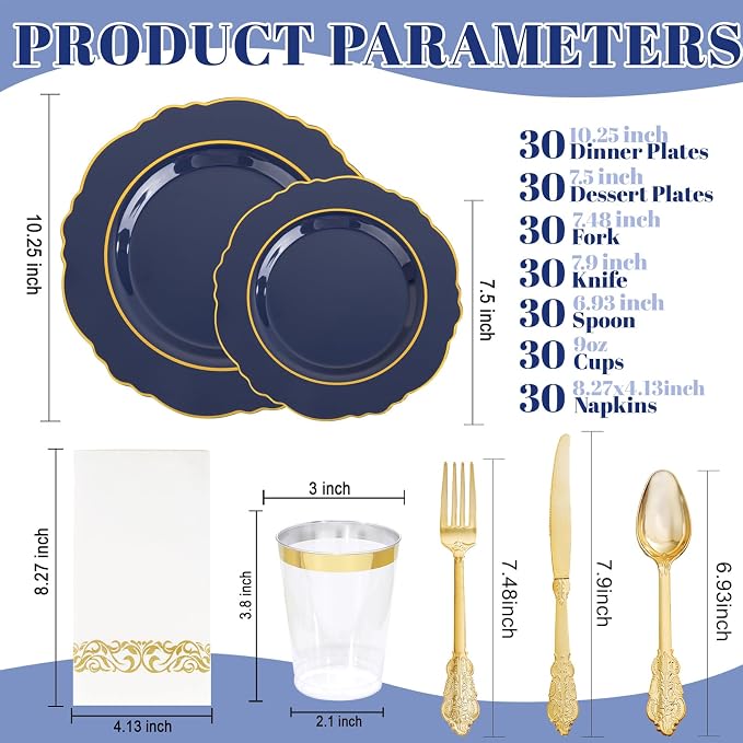 KIRE 210Pcs Navy Blue Plastic Plates - Blue and Gold Plates Disposable - 30guest Baroque Plastic Dinnerware for Upscale Wedding/Parties/4th of July