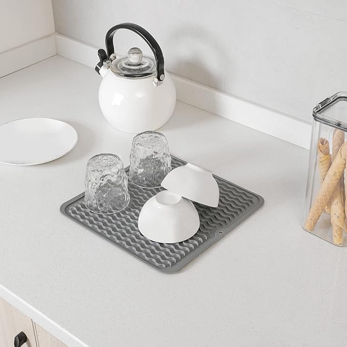 MicoYang Silicone Dish Drying Mat for Multiple Usage,Easy clean,Eco-friendly,Heat-resistant Silicone Mat for Kitchen Counter or Sink,Refrigerator or Drawer liner Grey M 12 inches x 12 inches
