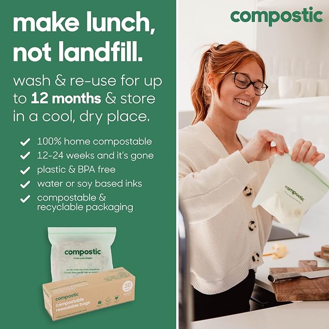 Compostic Compostable Sandwich Bags (100 Count) Everyday Essential — Resealable Zip-Seal, Plant-Based, Home Compostable, Freezer & Microwave Safe, BPA-Free, Non-Toxic, GMO-Free Food Storage Bags