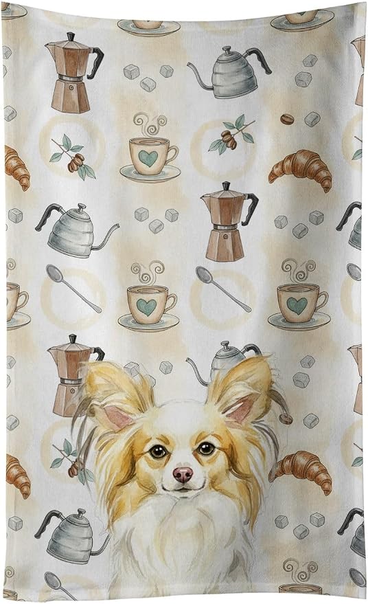 Caroline's Treasures Lemon and White Papillon Coffee Bar Kitchen Towel Velour Plush Front and Cotton Loop Back Machine Washable
