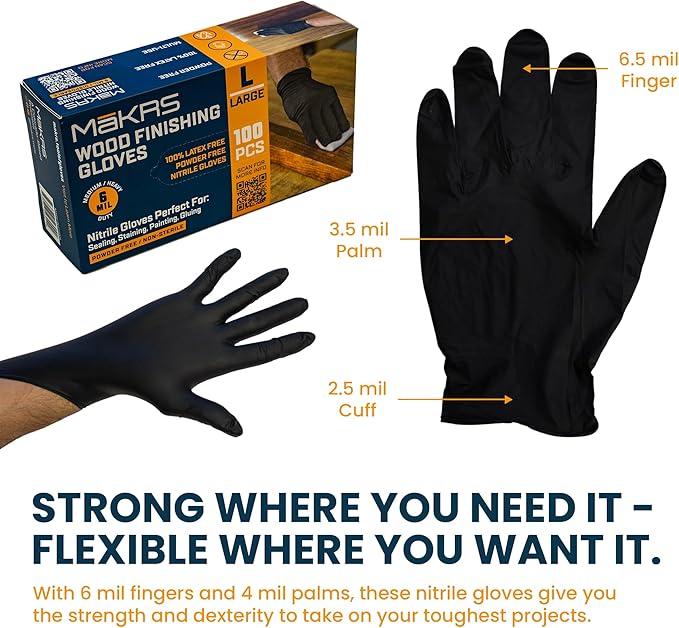 MāKRS Wood Finishing Bundle – 3-Pack Staining Pads & Large 6 Mil Nitrile Gloves – Lint-Free Applicator Pads and Latex-Free Disposable Gloves for Wood Stain, Paint, and Finish Projects