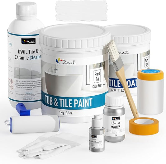 DWIL Bathtub Paint, Tub and Tile Refinishing Kit 32oz with Tools, Easy to Use Countertop Paint, Tub Refinishing Kit for Bathroom & Kitchen on Tile, Sink, 40-50sq.ft(White)