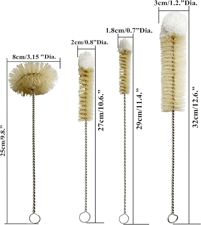 Bottle Brushes Thin Long Handle X 4, Skinny Wire Cleaner Set in Stainless Steel with Natural Boar Bristle at Wool Tip, Bendable Flexible for Cleaning Narrow Neck Bottles, Pipe, Tube, Hose