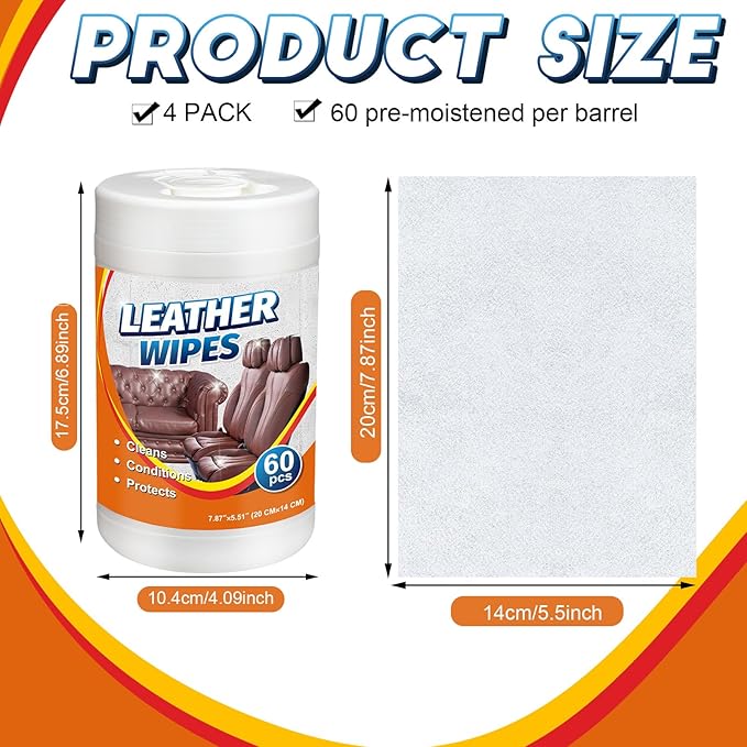 240 Count Large Leather Cleaner Conditioner Wipes Clean Protect Restore for Furniture, Car Seats, Shoes, Bags & More, Prevents Cracking & Fading, 8" x 5.5" Bulk Size