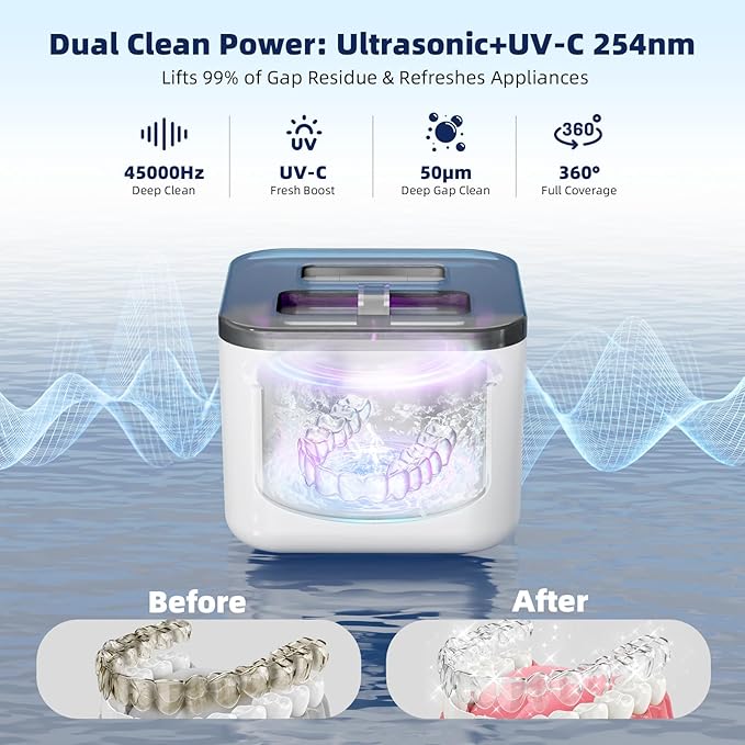 Ultrasonic Retainer Cleaner Machine, Denture Cleaner for Aligners Night Guards Braces Mouth Guards Toothbrush Heads，All-in-One Dental & Jewelry Cleaner, 45kHz 200ML, Dual Modes