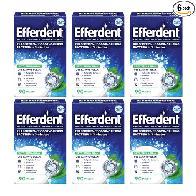 Efferdent Retainer Cleaning Tablets, Denture Cleaning Tablets for Dental Appliances, Minty Fresh & Clean, 90 Count. (Pack of 6)