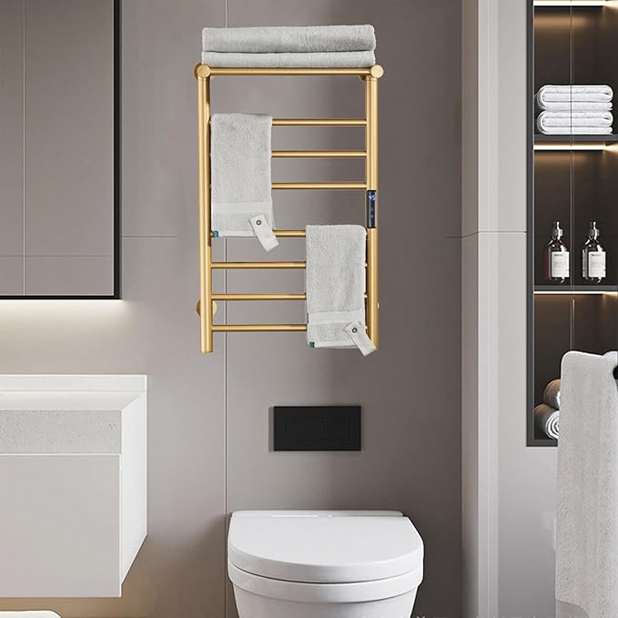 Electric Heated Towel Rack, Built-in Timer with Led Indicators | Timer Modes: 1 H to 8 H, Gold 7-Bar Wall Mounted Towel Warmer with Top Shelf, 70W Heated Towel Warmer, Hardwired