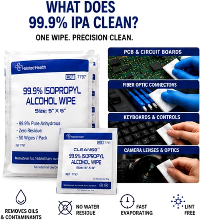 Cleanse 99.9% Isopropyl Alcohol Handy Wipes, 50 Counts Lint Free Non-Abrasive No Water Residue Ideal for Electronics, Household, Work Equipment Safe for Tech Cleaning & Screens (6 x 5 inches)