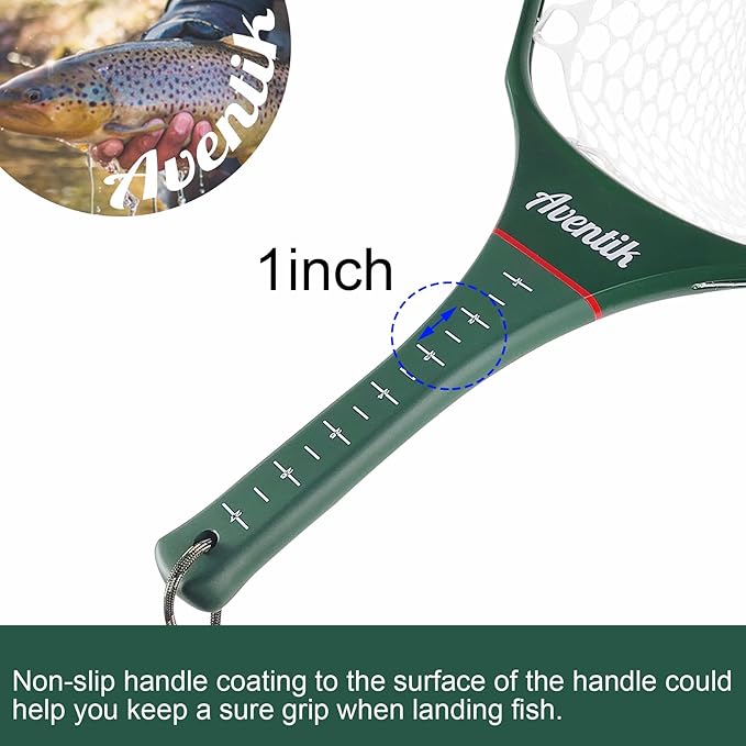 Aventik Floating Fly Fishing Net Carbon Fiber Square Landing Net with Accurate Measuring Handle Clear Rubber Ghost Mesh for Professional Trout Fishing Catch & Release