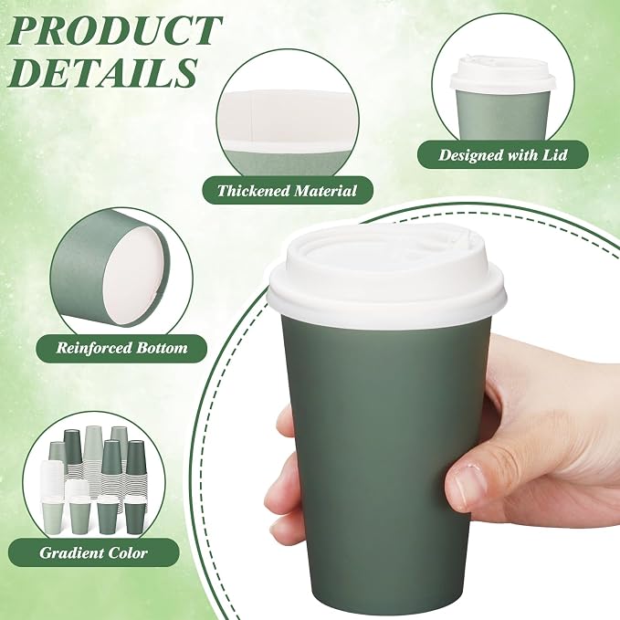 100 Pack Sage Green Coffee Cup with Lids Sleeves, 12oz Insulated To Go Paper Cups Gradient Green Party Cups Disposable Paper Cups, Drinking Cup for Wedding Birthday Baby Shower Tea Party Supplies