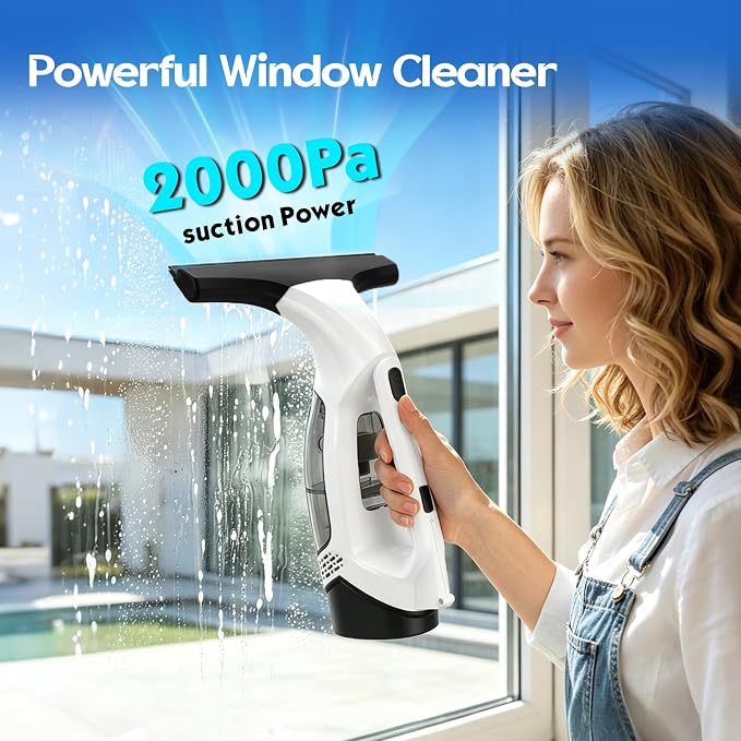 Window Vacuum Squeegee Cordless with Extension Pole 31-40", 2000Pa Window Cleaner Tool with 2200mAh & 150ml Dirty Water Tank, Reusable Cleaning Cloth Head, for Shower Door, High Window &Car Windshield