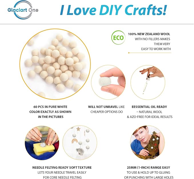 Glaciart One Wool Felt Balls, Felt Ball (60 Pieces) 2.5 Centimeters - 1 Inch, Handmade Felted Pure White Color - Bulk Small Puff for Felting and Garland