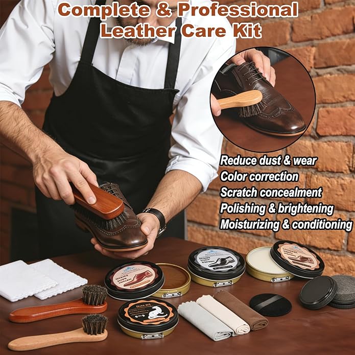 Cieex Shoe Polish Kit – 15PCS Shoe Care Kit with Black Brown Neutral Polish & Mink Oil, 3 Horsehair Brushes, Shoe Shine Kit for Leather Shoes & Boots with Travel Leather Bag – Gift for Men & Women